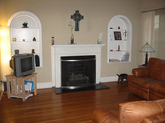 Living Room, Fireplace & Built-in Shelves