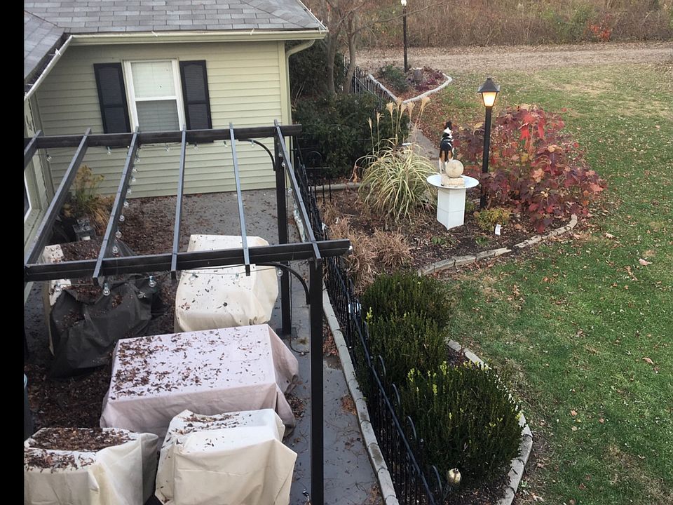 Patio with gas fireplace, well landscaped