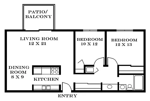 Floor plan 2 Bedroom 907 SF