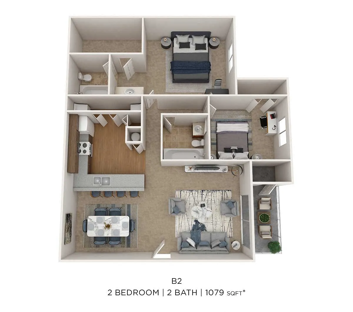 Floor plan Two Bedroom 2 Bath- 1079 sqft