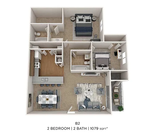 Floor plan Two Bedroom 2 Bath- 1079 sqft