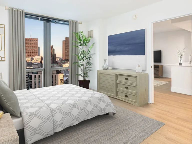 Bedroom with Hardwood Flooring and Floor-to-ceiling Windows
