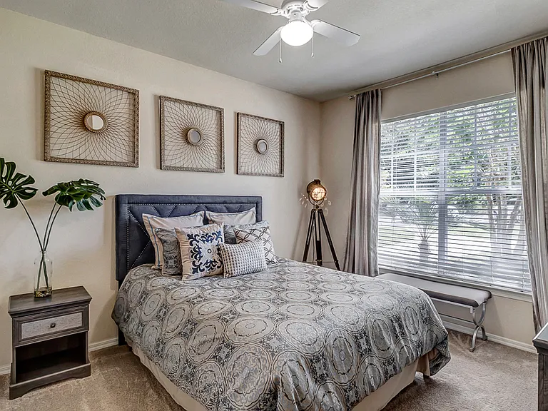 Guest Bedroom with Double Window & Ceiling Fan