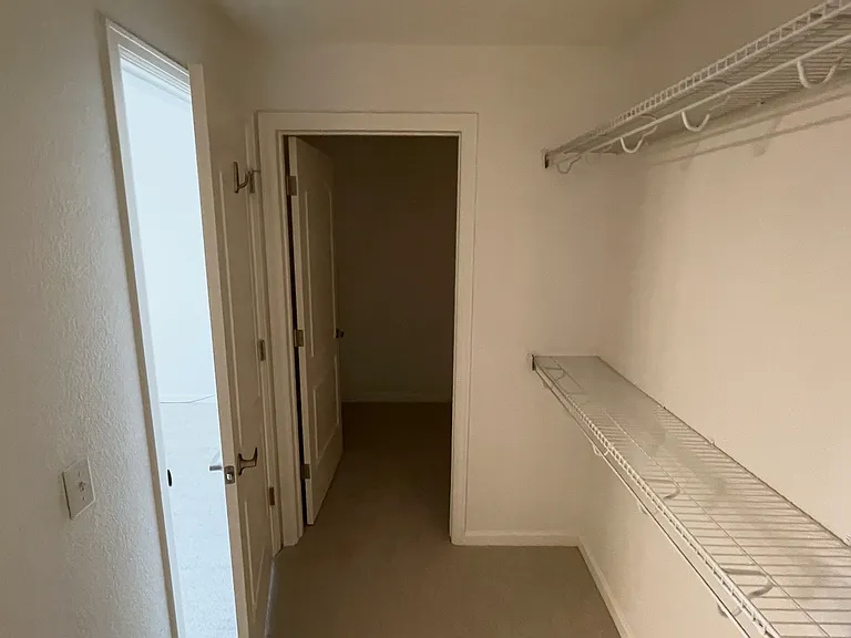 Huge primary bedroom closet looking into/toward extended bonus storage space