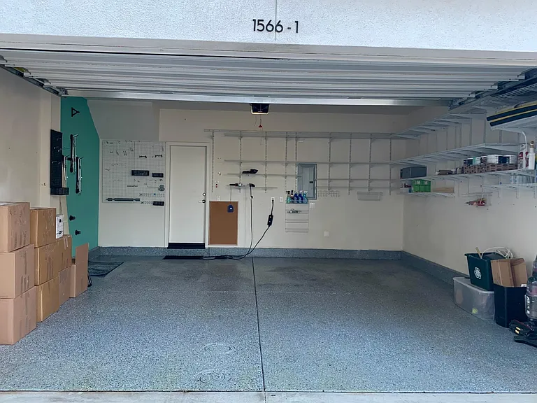 large 2 car garage with custom storage