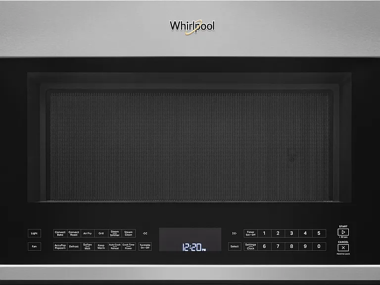Whirlpool 1.9 cu. ft. Over-the-Range Microwave Oven with 1,200 Watts, 6-Speed 400 CFM Venting System, Fan Convection Cooking, Steam Cooking, Air Fry, Steam Clean, and Turntable Plate: Fingerprint Resistant Stainless Steel