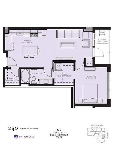 Floor plan $2.63/sq.ft. - One Bedroom A-2