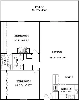 Two bedroom, two bathroom. Not all have washer/dryer connections or patio/balcony. Actual layout might be slightly different than floorplan shown. Two bedroom, two bathroom. Not all have washer/dryer connections or patio/balcony. Actual layout might be sl