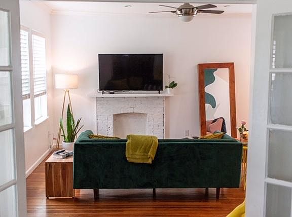 Living room with decorative fire place