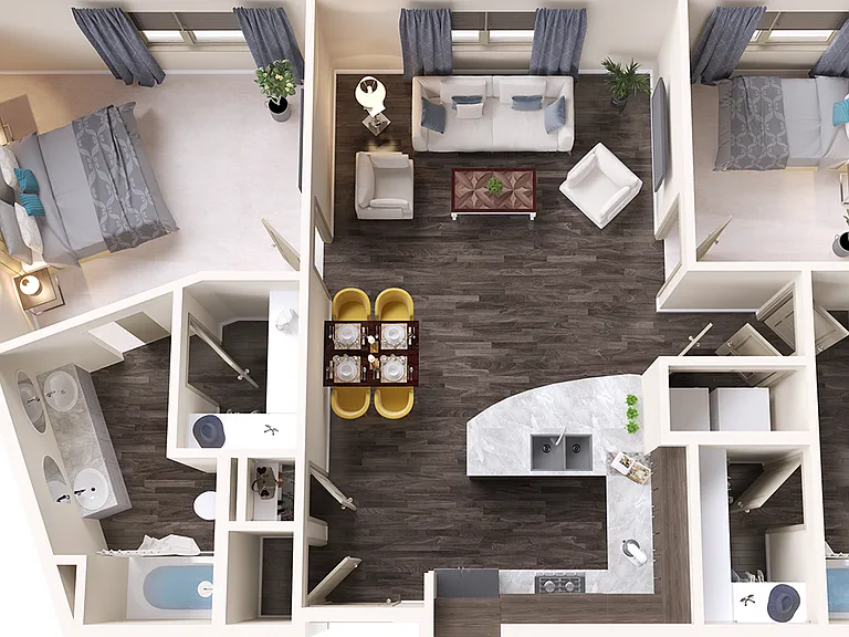 Two Bedroom Apartment with Spacious Walk-In Closets and double Vanity