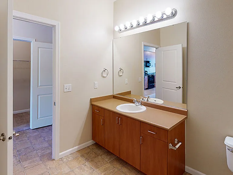 Apartment bathroom with wood-style flooring.