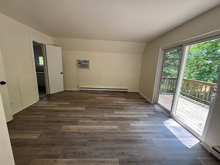 Primary Bedroom with bathroom door to the left and sliding door to deck on right.
