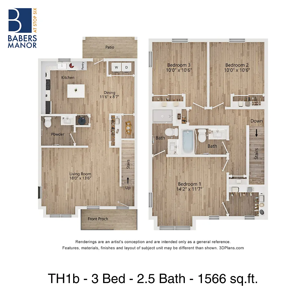 Floor plan TH1b | 3 Bed | 2.5 Bath | 50