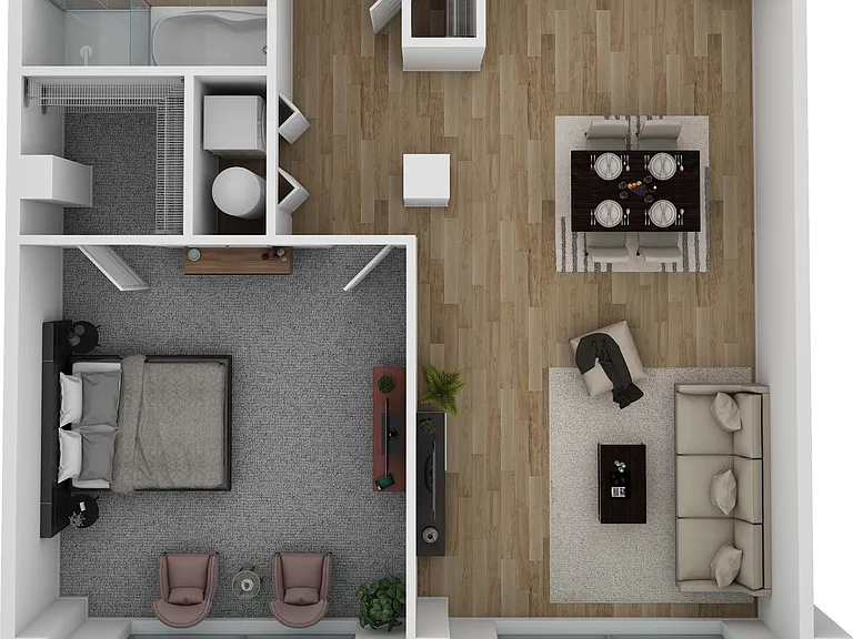 Explore the elegance of this one-bedroom layout with open living spaces designed for contemporary comfort. Explore the elegance of this one-bedroom layout with open living spaces designed for contemporary comfort.
