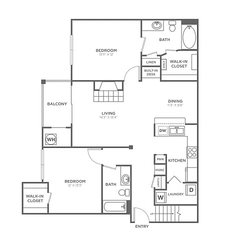 Floor plan Two Bedroom Two Bath (1171 SF)