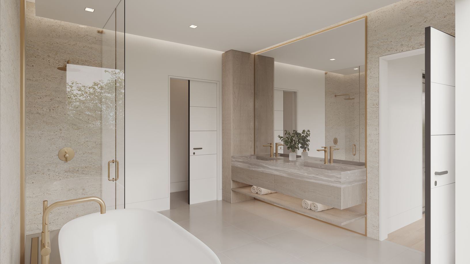 A. spa-caliber primary bath features a freestanding soaking tub and expansive steam shower,