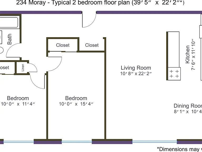 Typical 2 bedroom floor plan for 234 Moray, dimensions may vary.