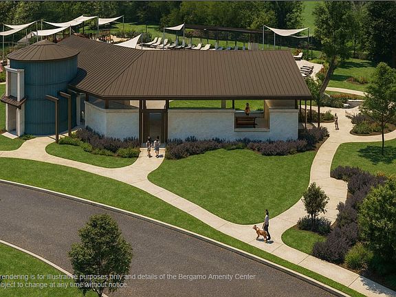 Front view of the community pool pavilion, welcoming residents with a stylish, shaded space to meet,