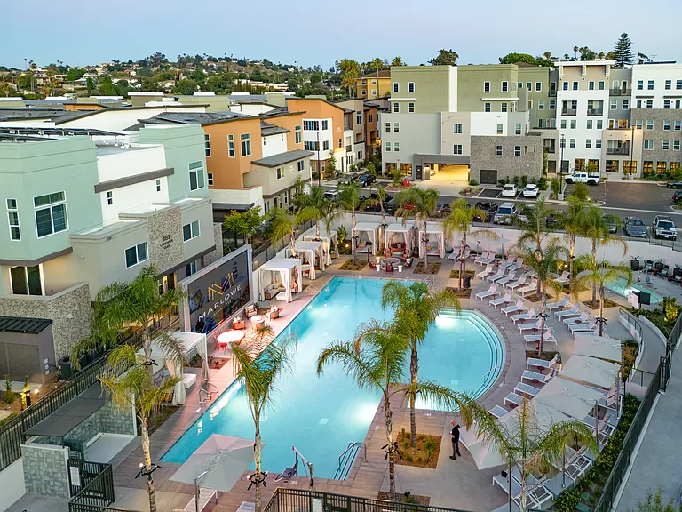 Aerial view of the pool with ample seating