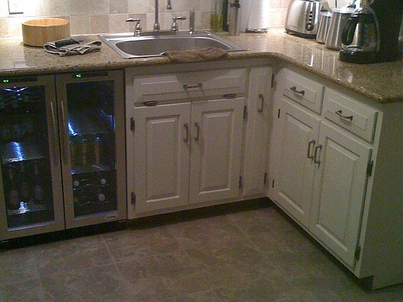Bev. fridge, Silestone tops, ceramic tile floor and backsplash, 2009