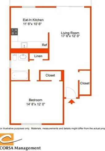 Floor plan 1Bed 1Bath No Patio/Balcony