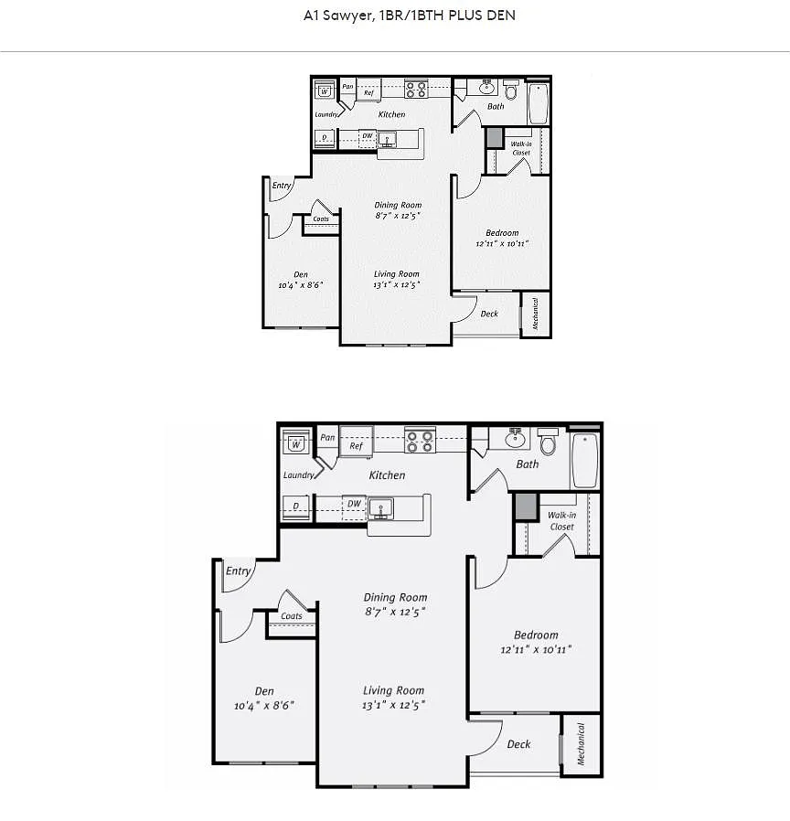 Floor plan A1D Residence 1BR Plus Den - Sawyer