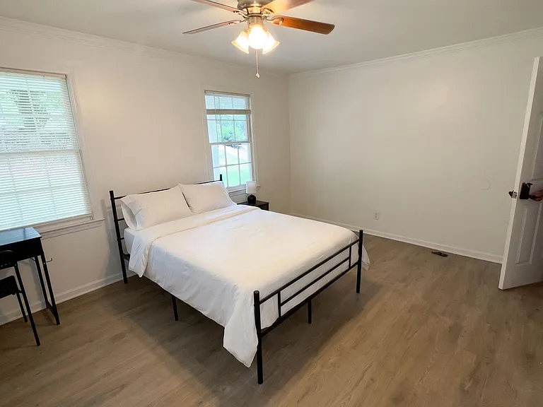 Spacious bedroom with wood-style flooring, two windows with blinds, and a ceiling fan light for year-round comfort.