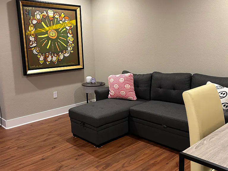 Downstairs/bottom level game room with TV, sofa bed, study table and chair