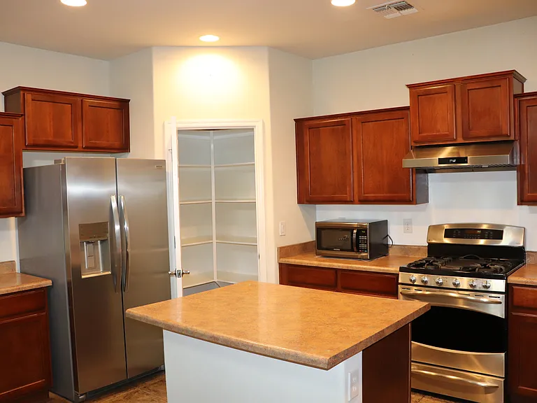 Stainless steel kitchen appliances.
