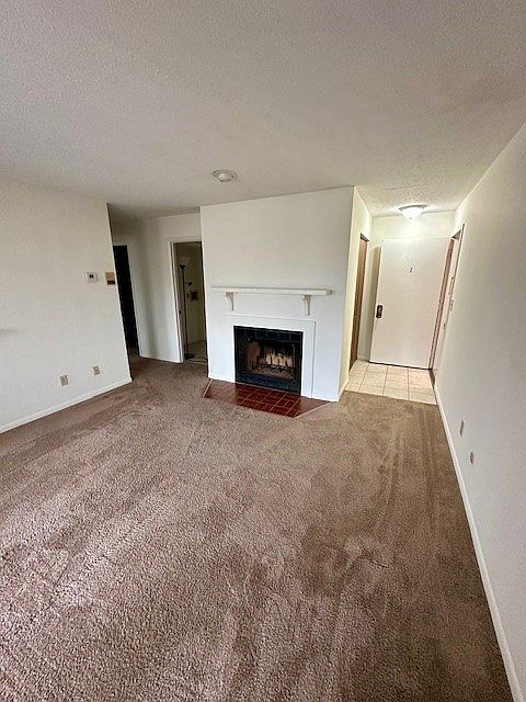 Living room and entry of the one bedroom with a wood burning fireplace
