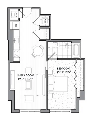 Floor plan One Bedroom One Bath (631 SF)