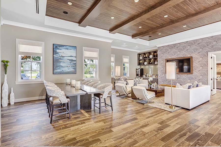 Amenities include multiple entertaining and gathering spaces
