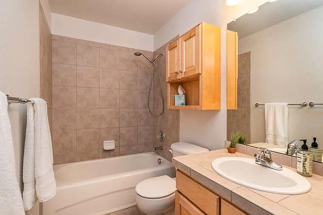 Bathroom with maple cabinetry.