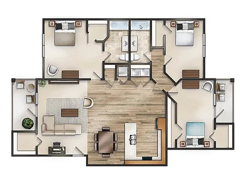 Floor plan 3 Bed, 2 Bath A (80% Income Restricted)