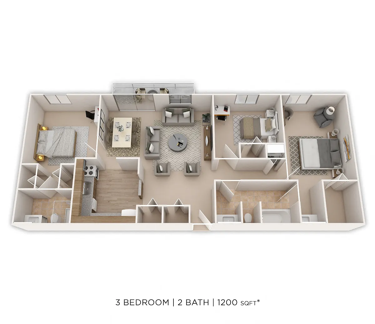 Floor plan Three Bedroom 2 Bath- 1,200 sqft