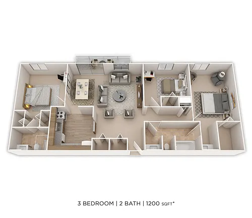 Floor plan Three Bedroom 2 Bath- 1,200 sqft