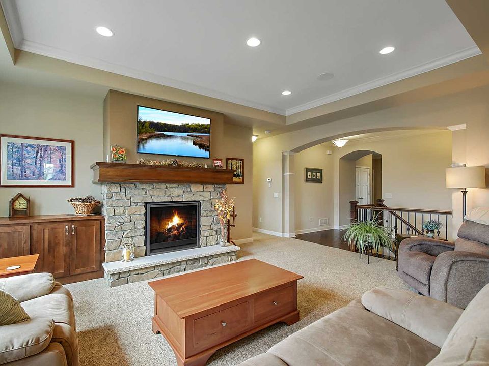 Stone fireplace and hearth.