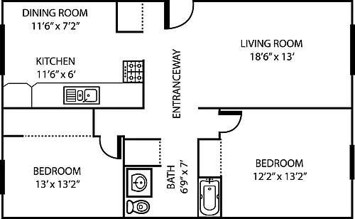 Floor plan 2 Bedroom 1 Bath- C