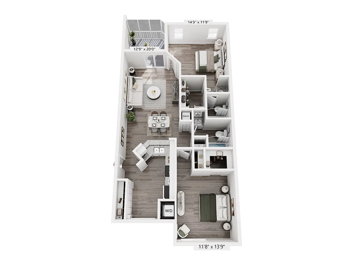 Floor plan B1R 1075sf 2/2