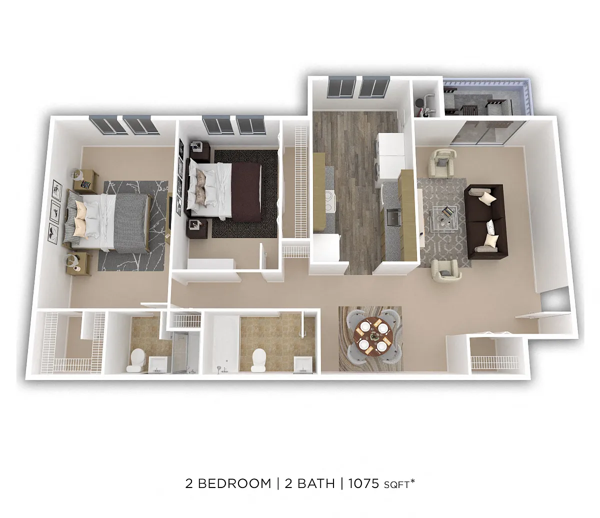 Floor plan Two Bedroom 2 Bath - 1,075 sqft