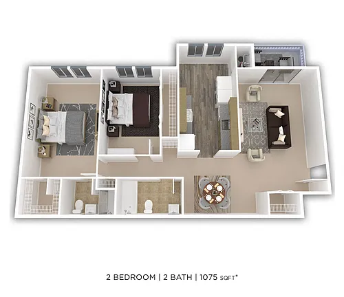Floor plan Two Bedroom 2 Bath - 1,075 sqft