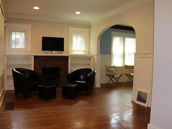 Living Room looking south, built-in bookshelves