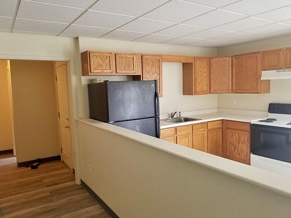 Kitchen overlooking living area.
