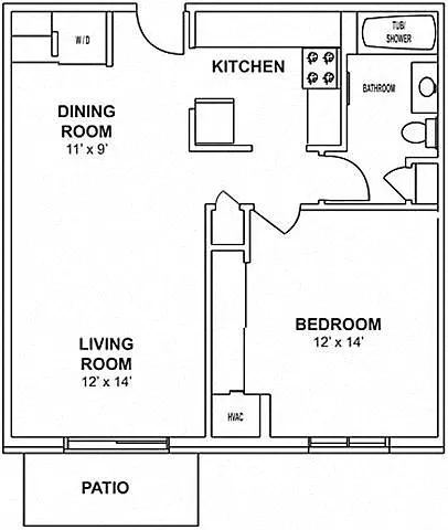 Floor plan A1 & A2 - 1 Bedroom, 1 Bath