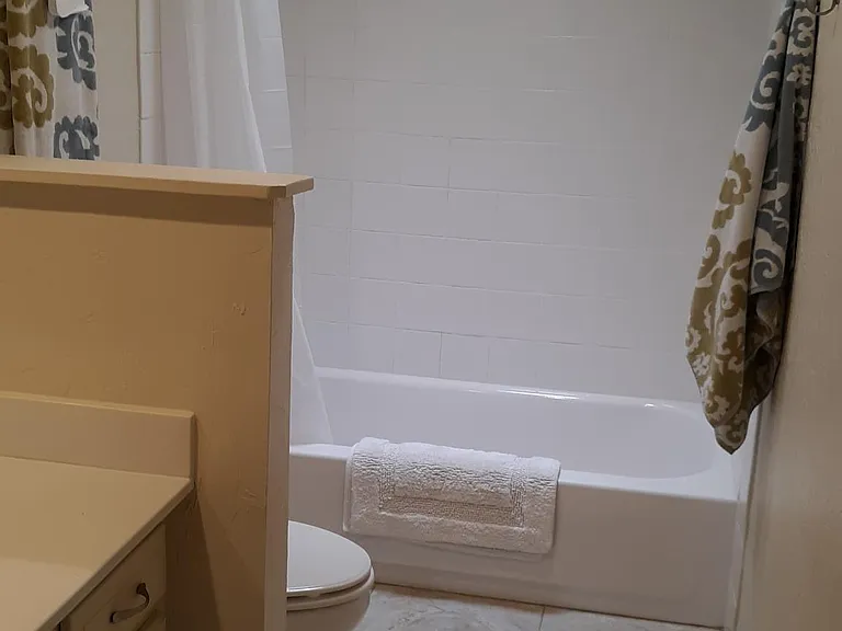 The bathroom has a large linen closet behind the door