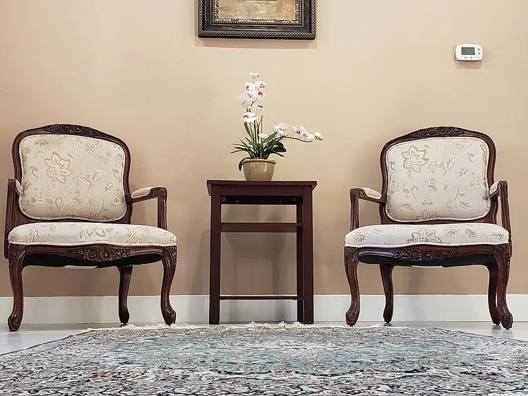 Living Room area with two Large Victorian Chairs.