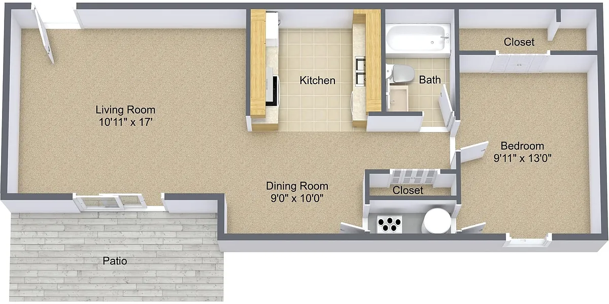 Floor plan 1 Bedroom with patio