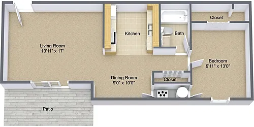 Floor plan 1 Bedroom with patio