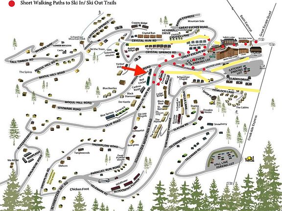 Yellow are ski in/out trails, less than a 5 minute walk from condo.