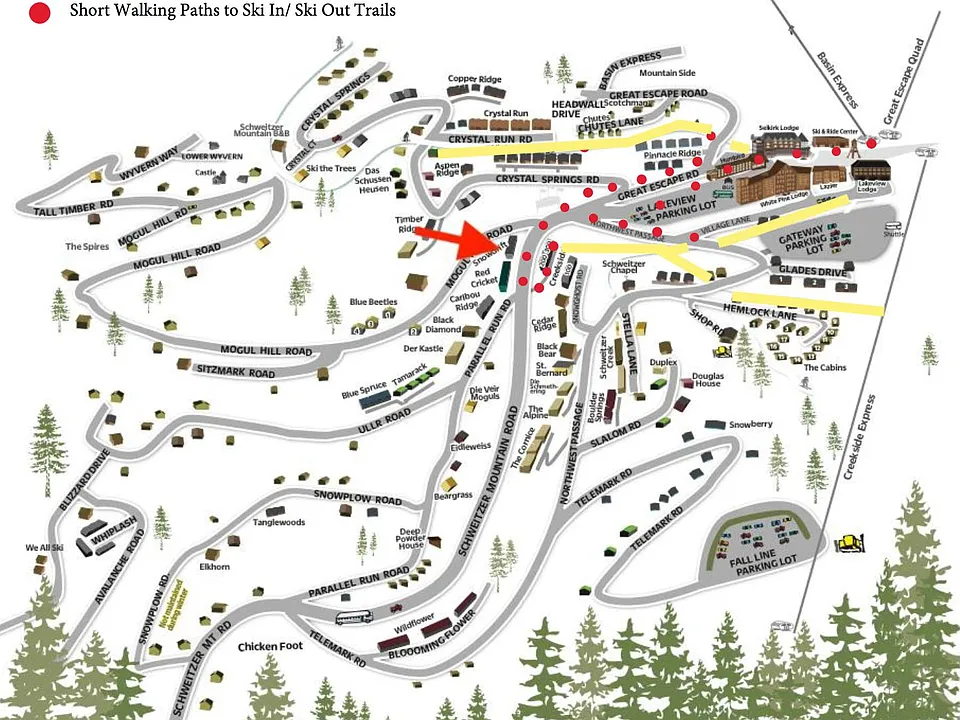 Yellow are ski in/out trails, less than a 5 minute walk from condo.